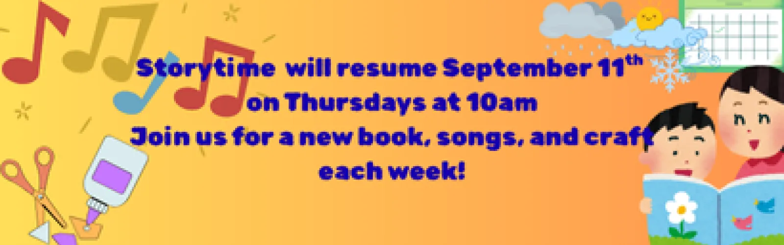 Reading, music notes, crafts, calendar, weather