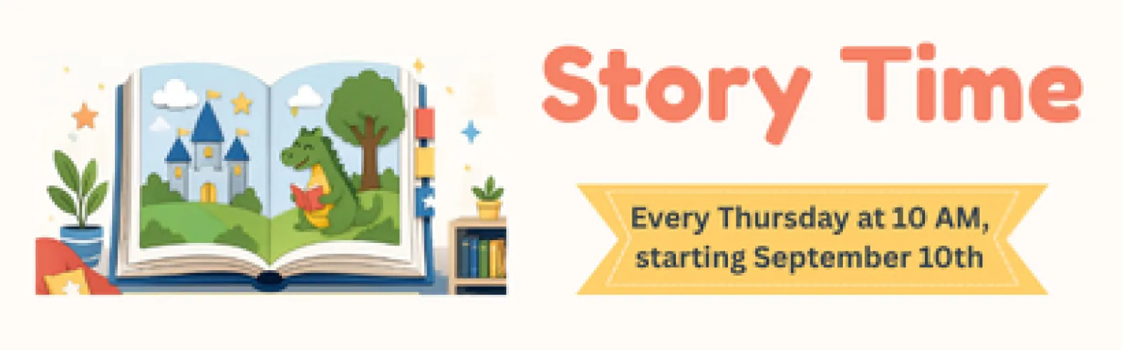 Open book with dinosaur and castle on it